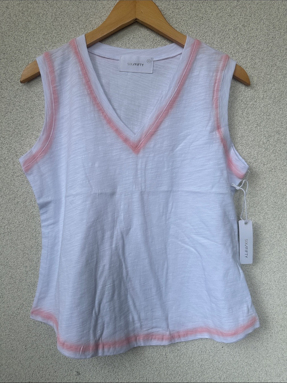 Six/Fifty White V-Neck Tank | Pink Contrast Trim | Sleeveless | NWT, Medium